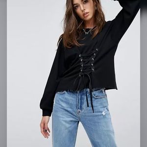 NWT XS (S) BLANK NYC Corset Sweatshirt Top Lace-Up Black Puff Sleeves